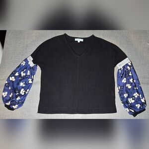 Jack + Avery Medium Black V-Neck Sweater with Lace & Sheer Floral Sleeves